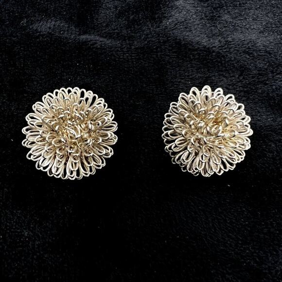 Earrings VTG Vintage Fashion Jewelry Gold Tone Wire Dandelion Puff Ball Clip On - Picture 5 of 6